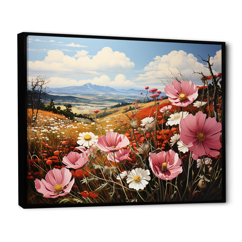 «Pink Crimson Flower Meadow Field X», reproduction sur toile, Cadre flottant noir, H 16 po x l 32 po