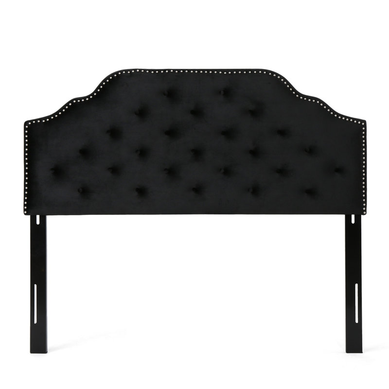 Contemporary Queen Sized Headboard - Black Velvet With Button Diamond Stitch And Appealing Nailhead Border, Assembly Needed Modern Gorgeous Details, Required