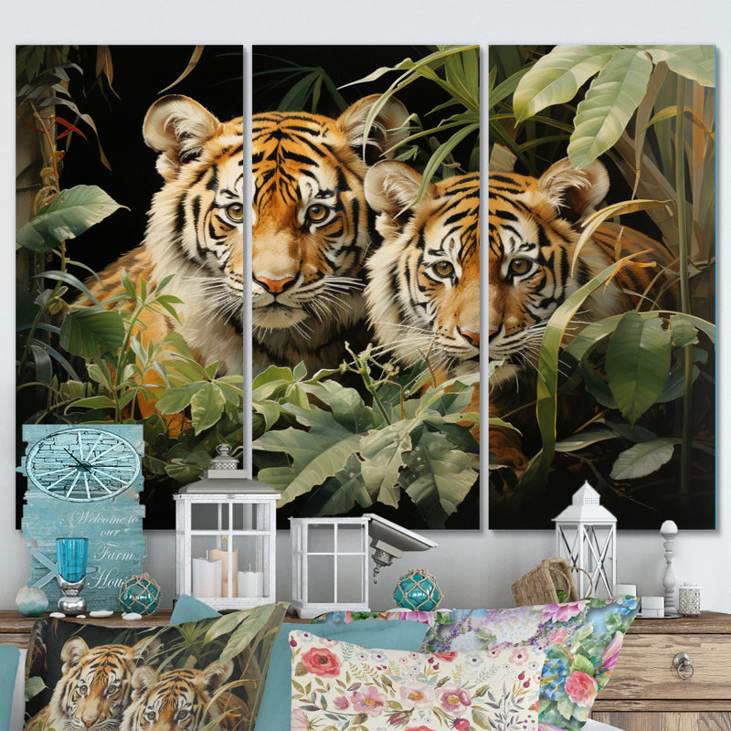«Asian Art Tigers In Jungle III», reproduction sur toile 3 pièces, H 40 po x l 60 po x P 1 po