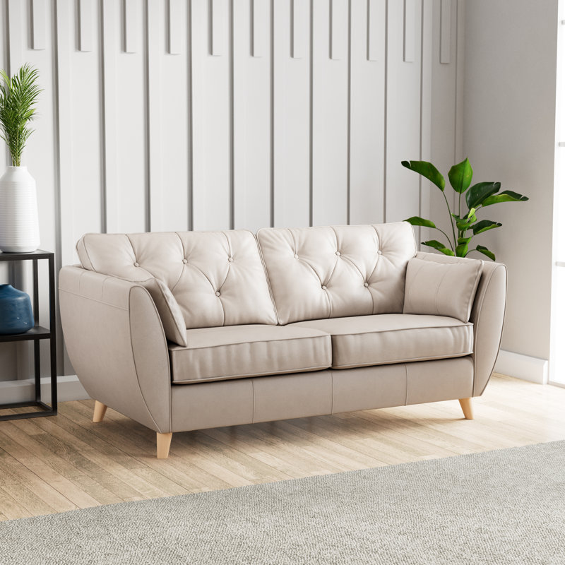 Marylin 3 Seater Leather Sofa, Cloud Grey, Light Wood