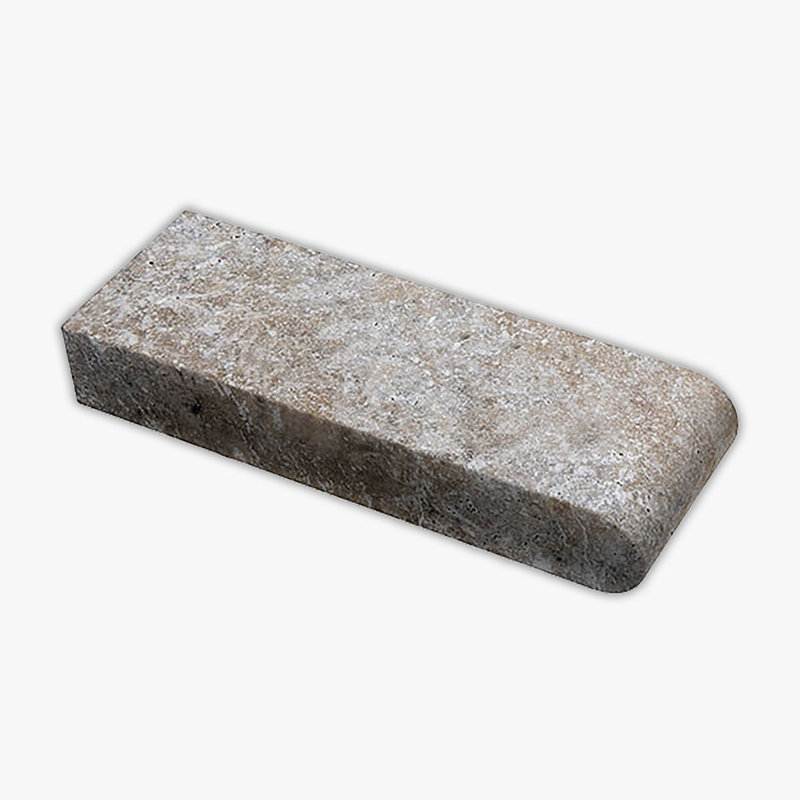 Scabos Tumbled 4x12 Travertine Extra Thick Bullnose Coping, Light Brown