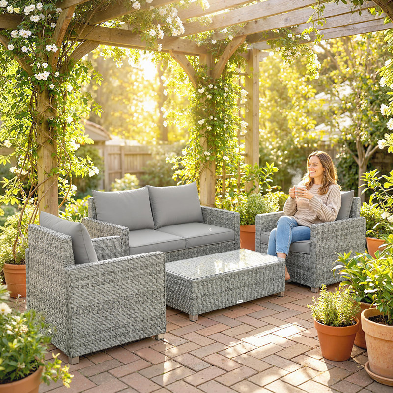 Outsunny 4 Piece Rattan Garden Furniture Set with Loveseat 2 Armchairs Grey