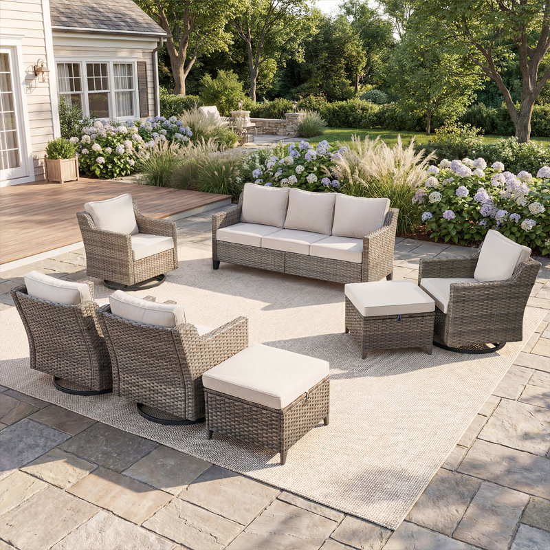 Arlene 7-Piece Outdoor Courtyard Wicker Sofa & Multi Rotating Chair Conversation Set With Ottomans, Beige