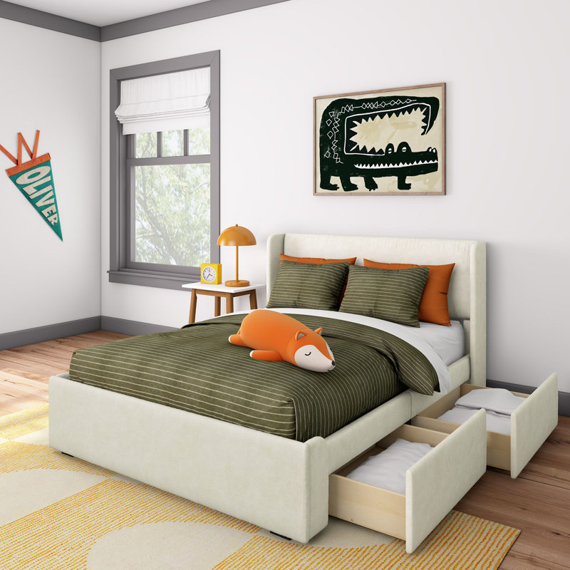 Solid Wood Upholstered Bed with Rectangular Headboard with 2 Drawer Side Storage, Cream, Full