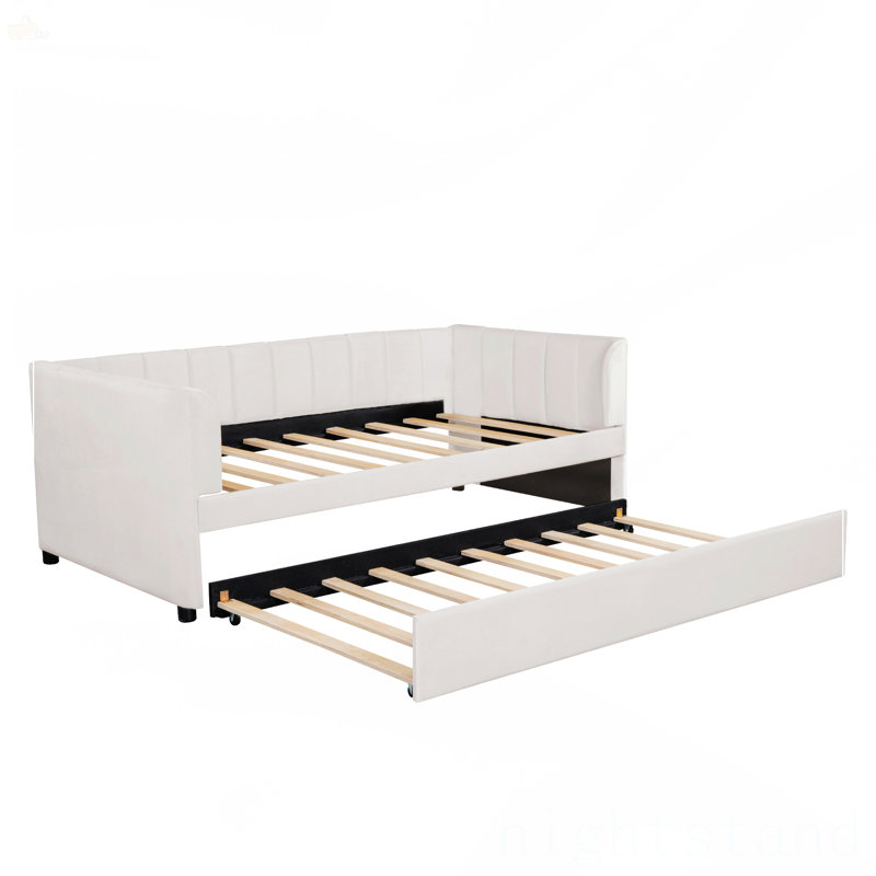 Lit de jour simple rembourré avec dossier ergonomique et lit gigogne, Beige