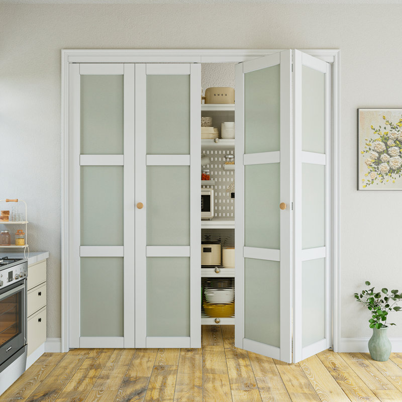 Portes pliantes classiques pliables en verre trempé givré 3-Lite avec trousse de quincaillerie d'installation, 72 po x 80 po