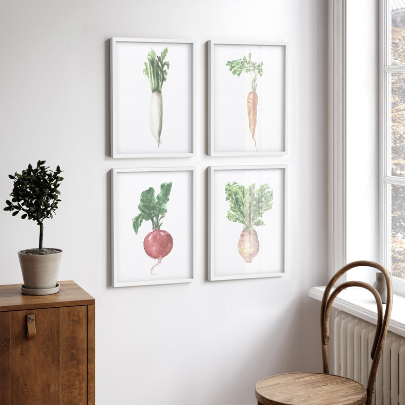 "Aquarelle, œuvre de légumes, carotte, radis, betterave et daïkon", 4 pièces, Blanc, H 14 po x l 11 po