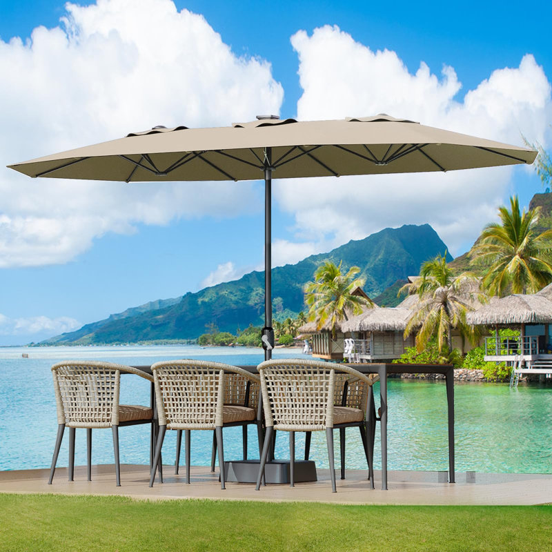 Grand parasol de patio de 15 pi avec base incluse, parasol de terrasse pour l'extérieur avec poignée à manivelle, parasol rectangulaire double face pour l'extérieur, le marché, le patio