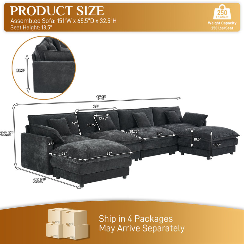 Canapé modulaire surdimensionné en U avec repose-pieds Maarif, Velours noir