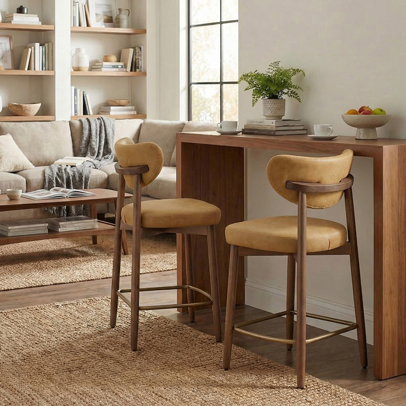 Upholstered Counter Stool Solid Wood Bar Stool (Set Of 2), Brown