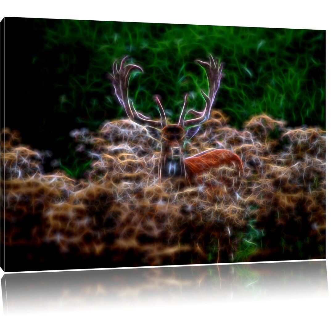 Leinwandbild Hirschbock auf Wildwiese in Braun/Dunkelgrün