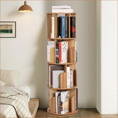 Wooden Rotating Bookshelf, 4-Tier 360° Display Floor-Standing Bookcase, Multi-Functional Storage Organizer for Kids and Adults in Living Room