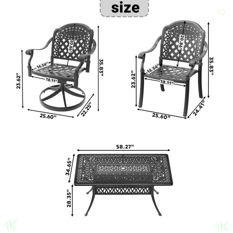L'ensemble de salle à manger toutes saisons en fonte d'aluminium comprend 2 chaises pivotantes, des chaises et une table rectangulaire