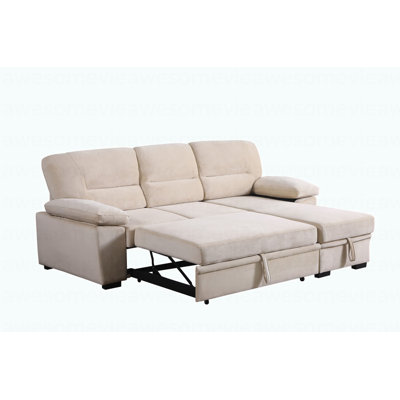 Modern 97.5"W Beige Velvet Fabric Reversible Sleeper Sectional Sofa Chaise