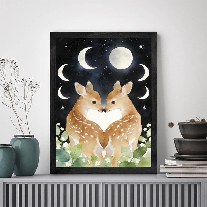 Reproduction d'art encadrée noire, cerf, embrasser sous la lune, thème de la Saint-Valentin, H 25 po x l 17 po
