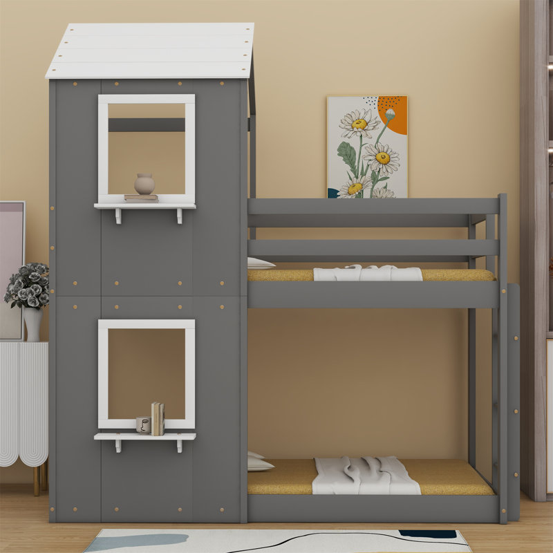 Bunk Bed With Roof, Window, Guardrail, Ladder, Gray