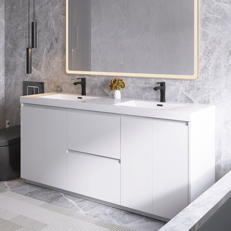 72 po Meuble-lavabo autoportant à double cuve avec comptoir, Blanc