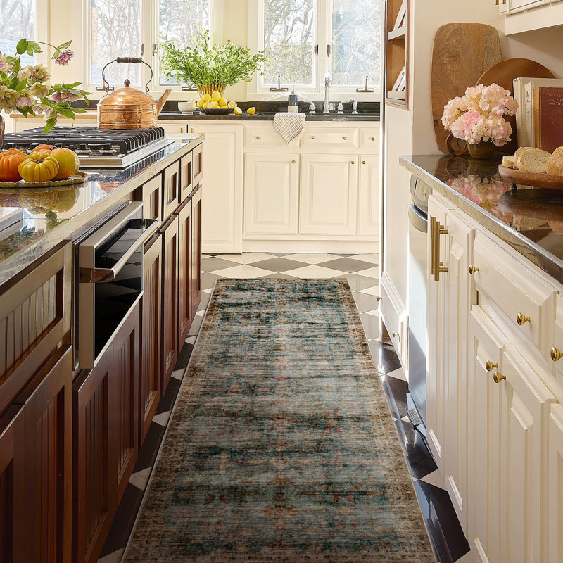 Machine Washable Vintage Area Rug with Non-Slip Back – Blue, Runner 2'6" x 7'7"