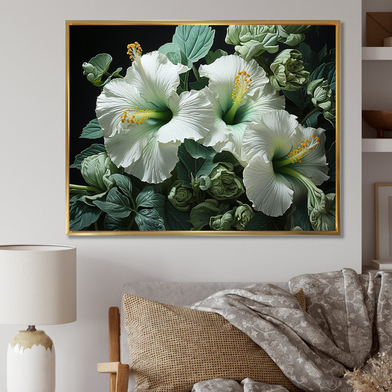 «Green Hibiscus Realistic Splendor», reproduction sur toile, Cadre flottant doré, H 24 po x l 32 po x P 1 po