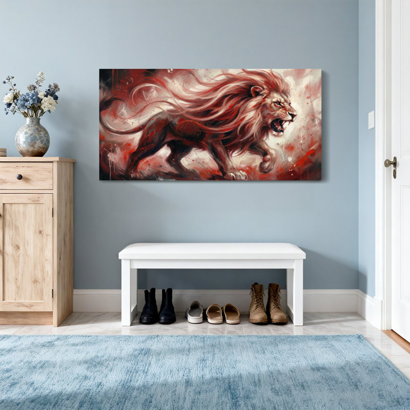 Animaux lion avec crinière rouge qui coule, H 16 po x l 32 po