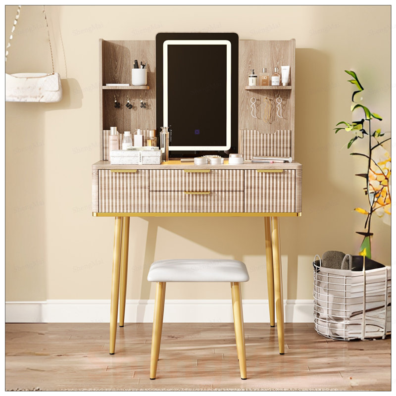 Meuble-lavabo à 4 tiroirs avec miroir à DEL, conception cannelée, pieds en métal et tabouret en polyuréthane, parfait pour les chambres à coucher modernes