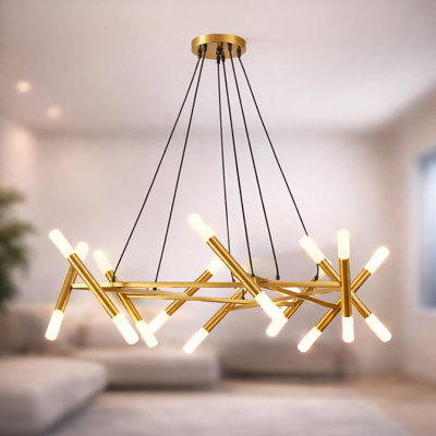 Aurora 20-Light Modern Linear Branch Chandelier, Brushed Gold Finish, Adjustable Height LED-Only Design for Dining Room / Kitchen Island / Living Room