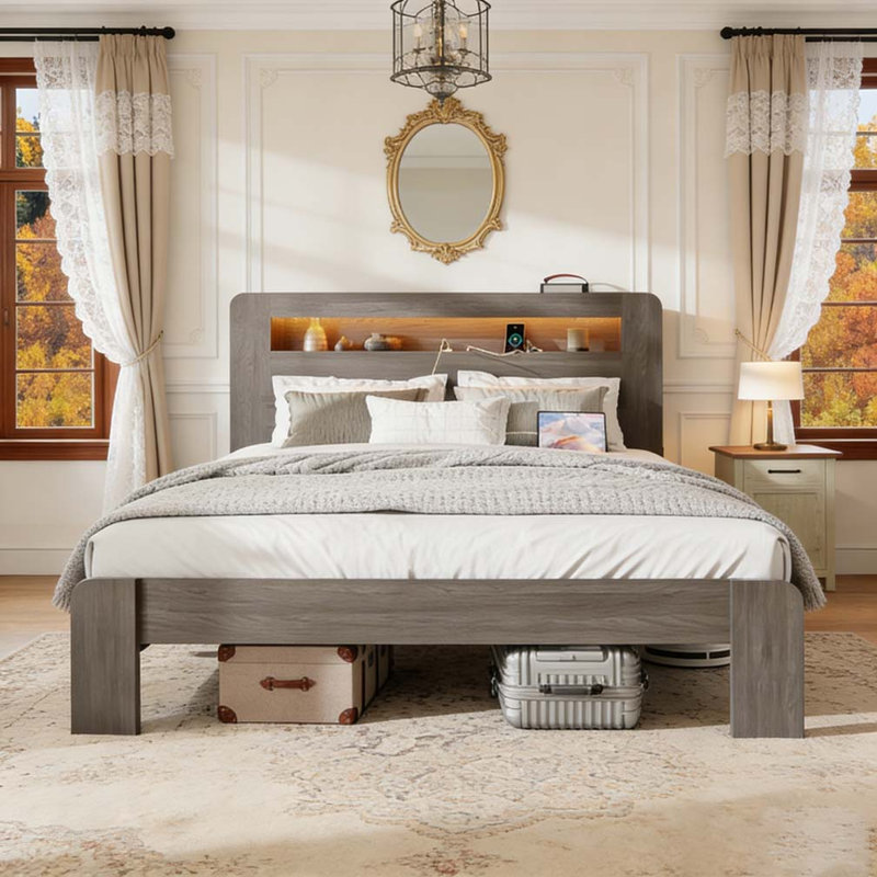 Structure de lit double, structure de lit plateforme en bois avec tête de lit à DEL avec rangement et 2 ports USB