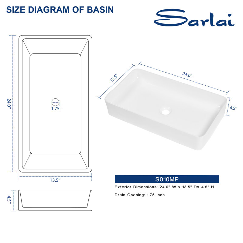 24" L x 14" W Ceramic Rectangular Vessel Bathroom Sink, White