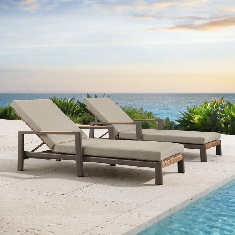 Chaise longue d'extérieur à double usage en teck et osier Arlo (ensemble de 2), Kaki, Bronze