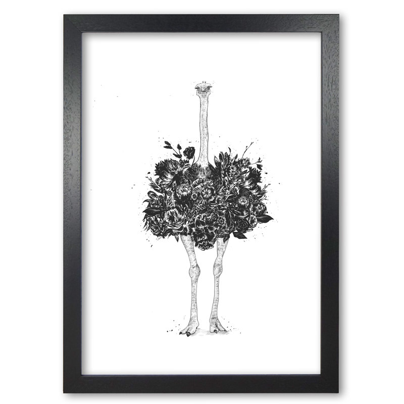 Floral Ostrich by Mercedes Lopes Charro - Print, 59.4 cm H x 42 cm W x 5 cm D, Black Grain
