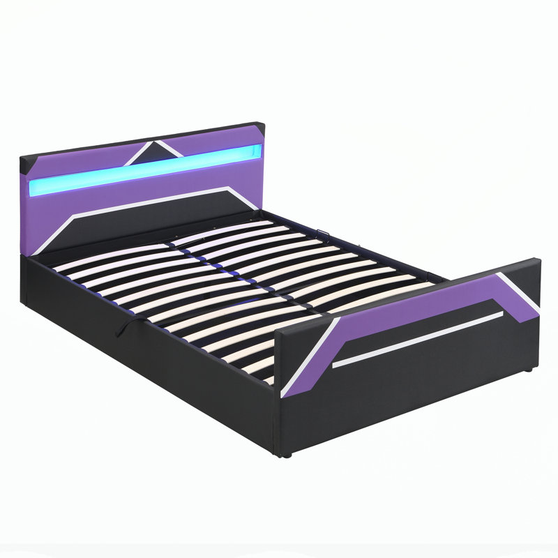 Grand lit de jeu avec tête de lit à DEL 7 couleurs intégrée, Purple+Black