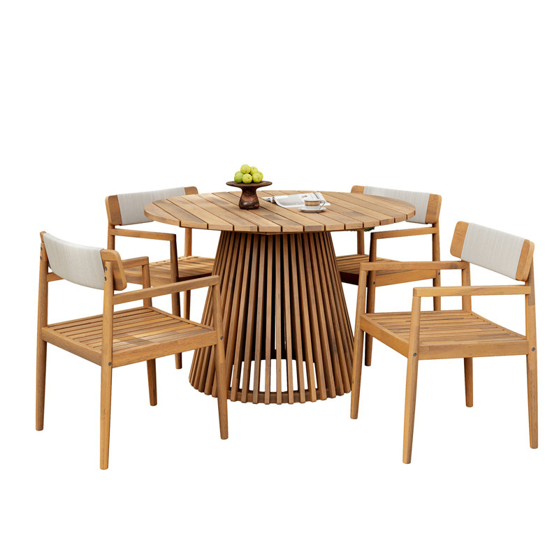 Ensemble de meubles d'extérieur en bois d'acacia 5 pièces, Teck clair / blanc