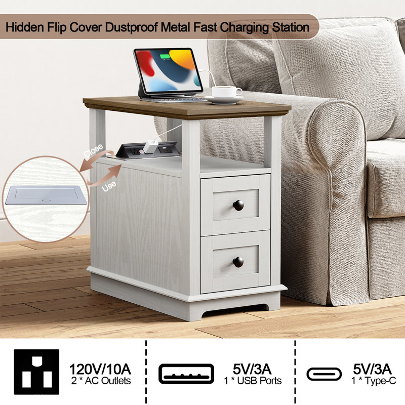 Ayame 2 - Drawer End Table With Storage and Fast Charging Station, Whitewash/Brown
