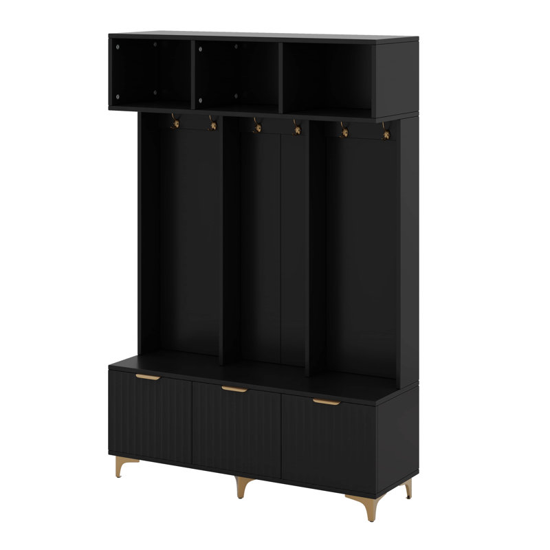 Modern Large Storage Hall Tree With Bench, Multi-Functional Storage Bench With High Gloss Fluted Doors, Black