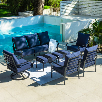 7-Piece Metal Frame Patio Furniture Set with Swivel Rocking Chairs & Multi-Functional Ottoman, 5.75" Thick Cushions for Lawn Garden Backyard
