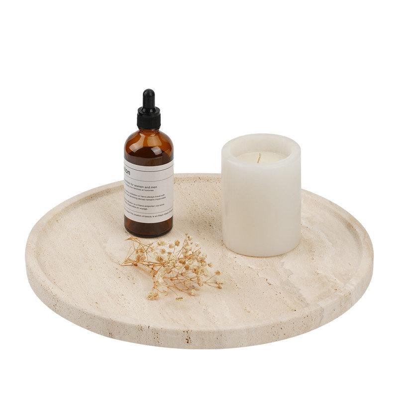 Guein 12” Round Natural Marble Tray, Travertino Roamano