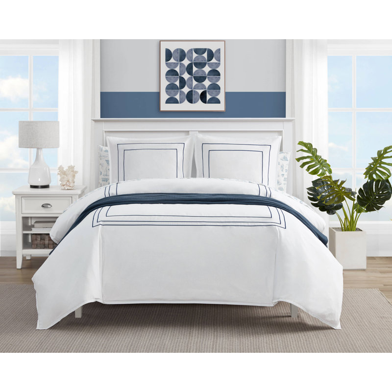 Nautica Alden Embroidered White Duvet Cover Set, King Duvet + 2 King Shams, Dark Blue