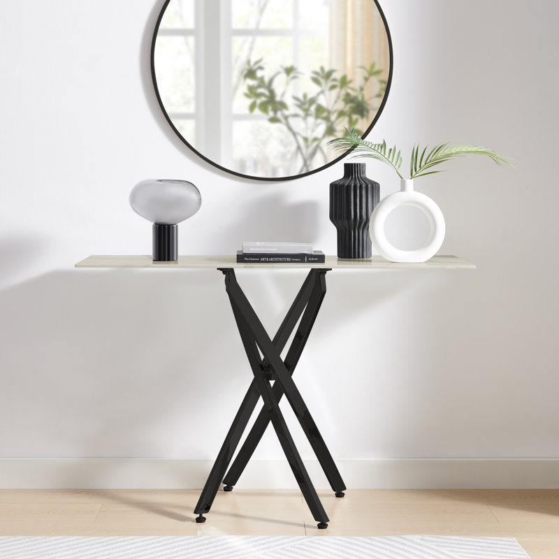 Atal Marble Effect Console Table - Glass Topped Metal Leg Narrow Hallway Console Table, Black, White