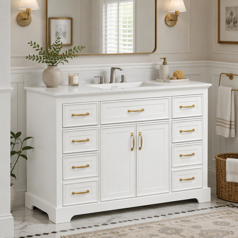 Meuble-lavabo élégant avec six tiroirs et charnières à fermeture en douceur pour des solutions de rangement organisées