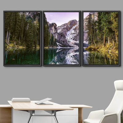 IDÉE4WALL, ensemble d'art mural encadré, neige, montagne, lac et forêt, nature, photographie, réalisme, rustique, paysage, coloré, ultra pour le salon, la chambre à coucher, le bureau - 16 po x 24 po x 3 po