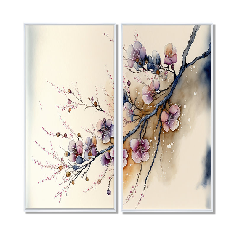 Rose et prune, branche de cerisier en fleurs I - art mural moderne 2 pièces, 40" H x 40" W, Impression encadrée flottante
