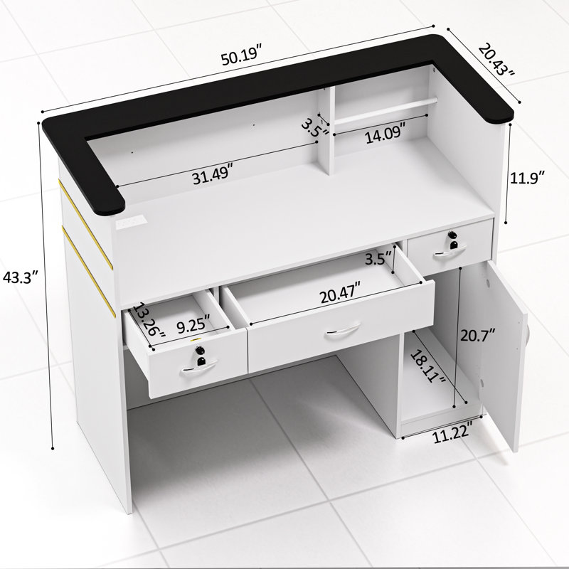 Wrought Studio Reception Desk with Counter, Modern Front Table Equipped Lockers & Storage Shelves, 48-inch Checkout Counter with DIY Stripe for Lobbies, Salons, Retail, Home Offices, Reception Room