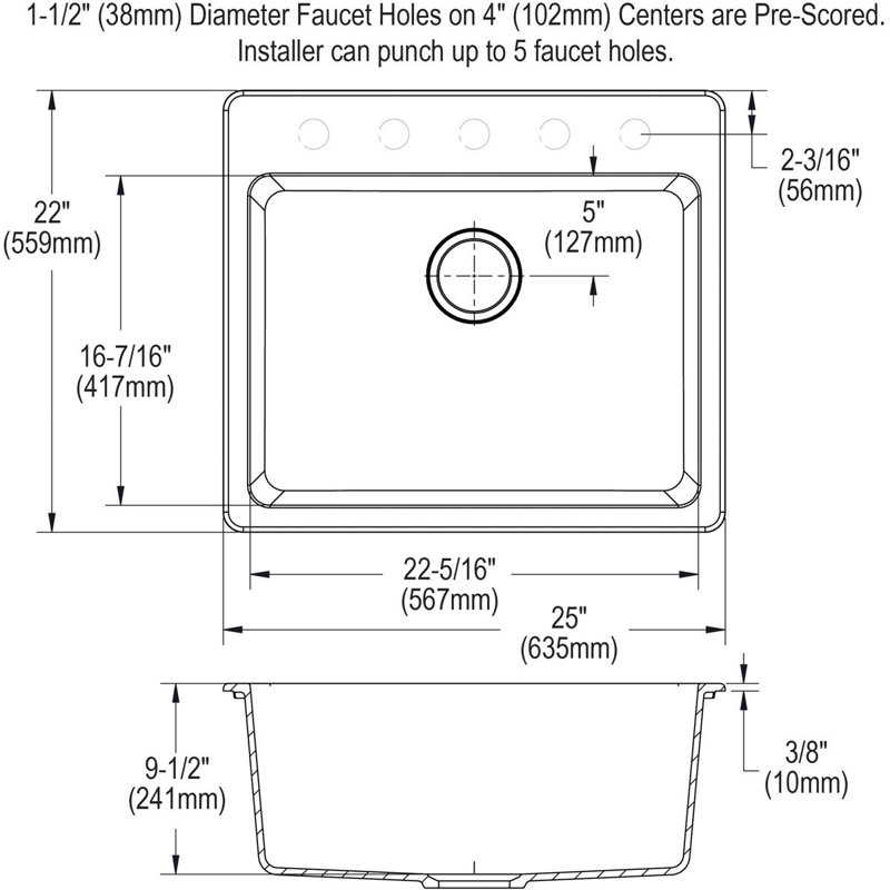 Quartz Luxe 25" L x 22" W Drop-In Kitchen Sink, Chestnut