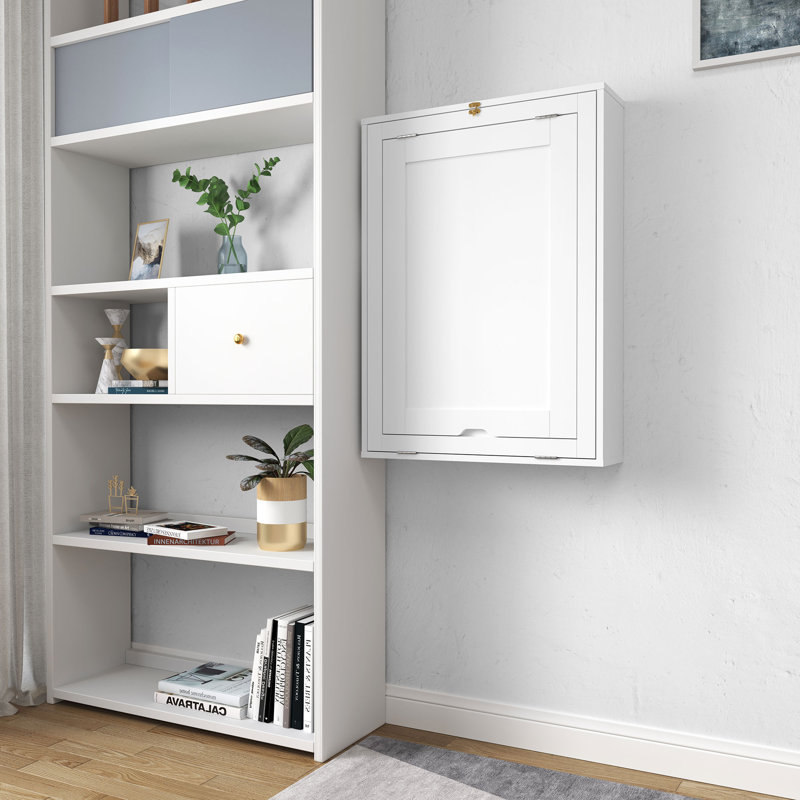 Wall-Mounted Folding Desk, Modern Convertible Fold Out Computer Desk, Foldable Floating Cabinet Table with Multi-Level Storage Shelves for Home, Office, White