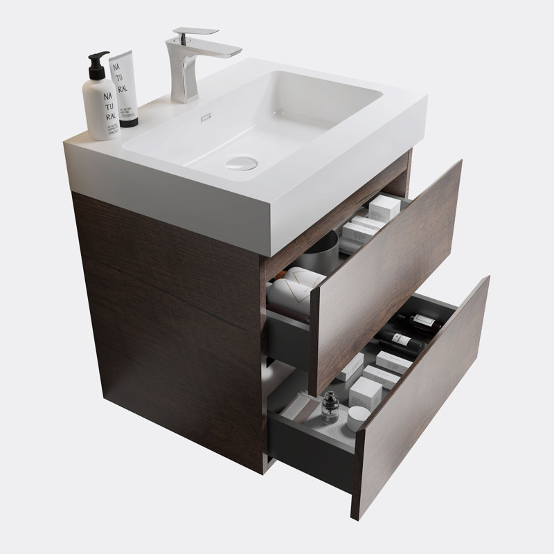 Meuble-lavabo de salle de bain avec lavabo, grand meuble-lavabo flottant mural, Blanc, Brun