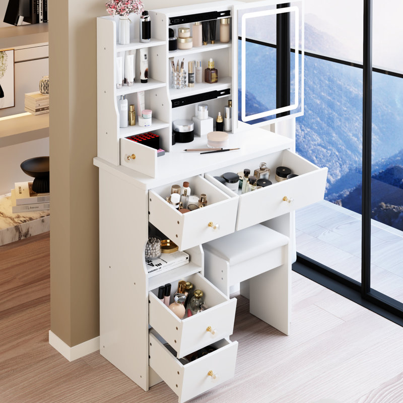 37" Makeup Vanity Desk With Sliding LED Mirror And Power Outlet – Lighted Vanity Table Set With Stool