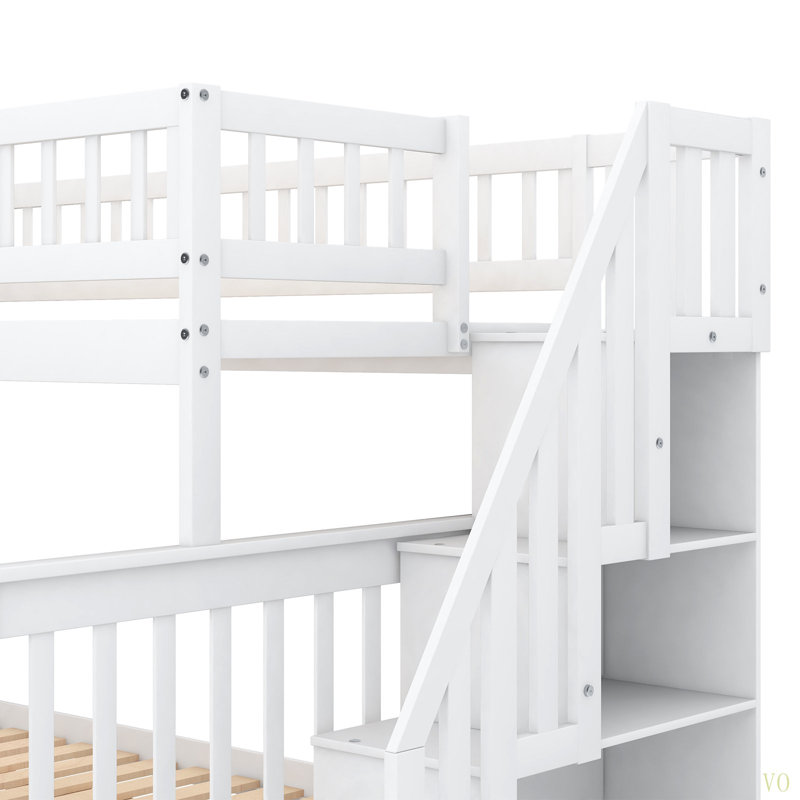 Lit simple superposé au dessus d'un lit double avec gigogne et escalier, Blanc