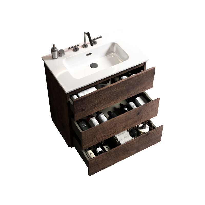 Vanarsdale Walnut Bathroom Vanity Sink . Rich Storage Capacity, Silent Running. Ergonomic Handle- Form. White Basin. Pre-Assembled 30" In Walnut. Motion, Enriched Inner Capacity. Modern Cabinet.