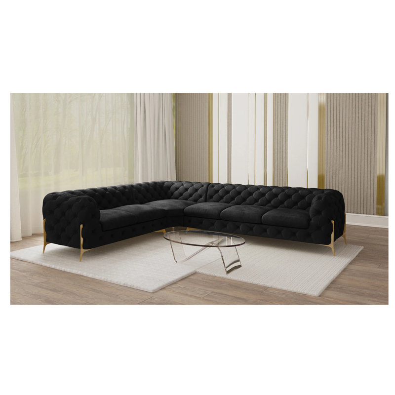 L-shape Corner Chesterfield Sofa  with Gold Metal Legs, Black, Right Hand Facing