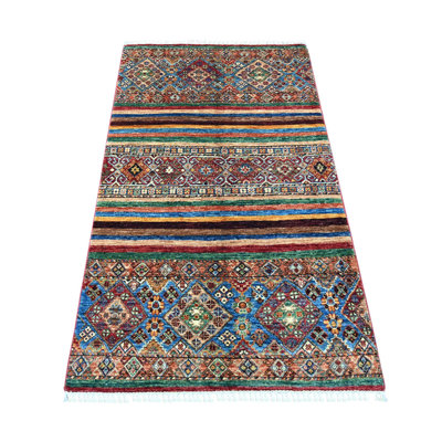 Tapis oriental super kazak afghan coloré avec motif Khorjin coloré en laine pure noué à la main 3 pi 3 po x 5 pi 6 po